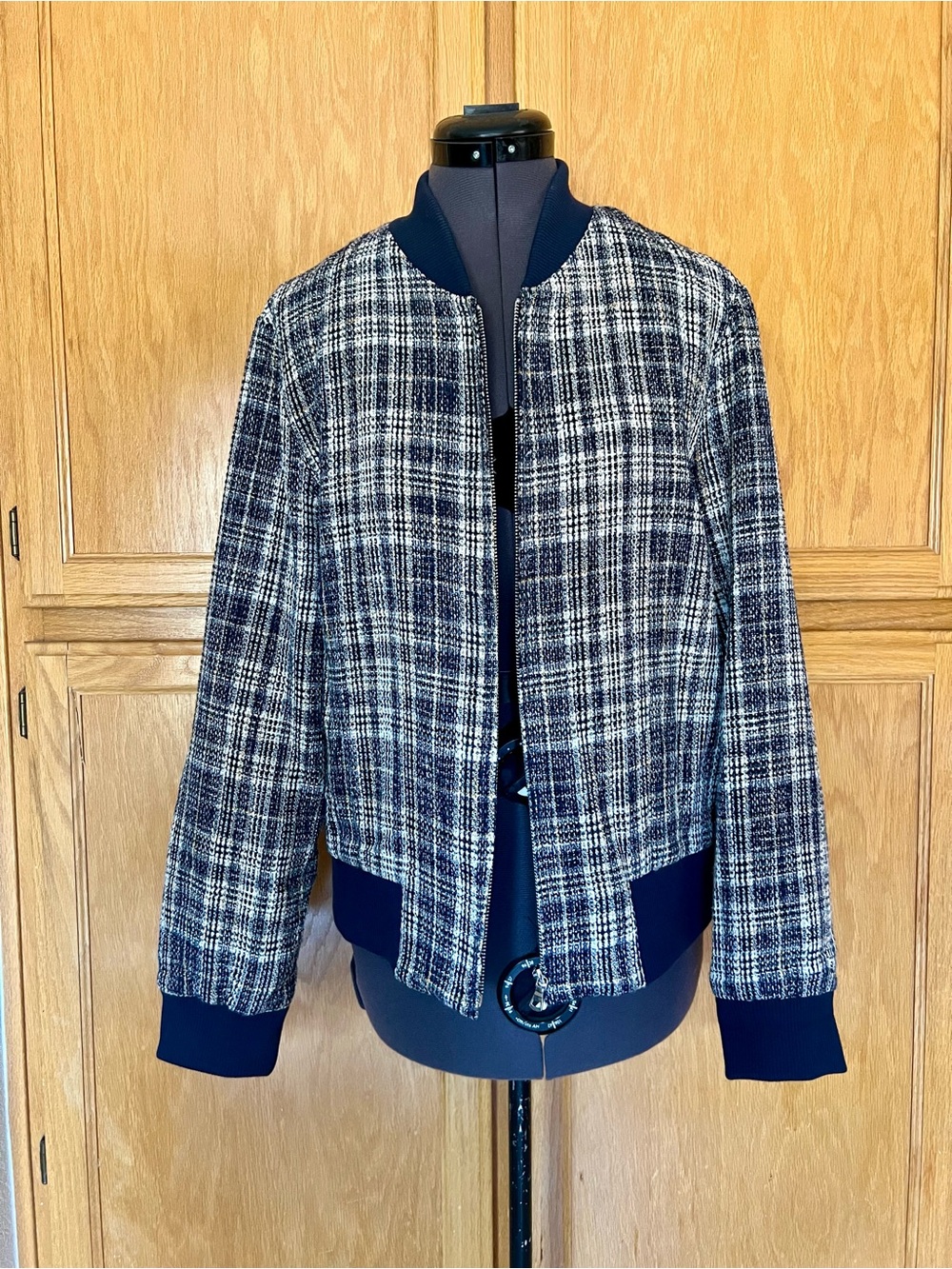 WD.NY Navy and White Plaid Bomber Jacket - Picture 2 of 8